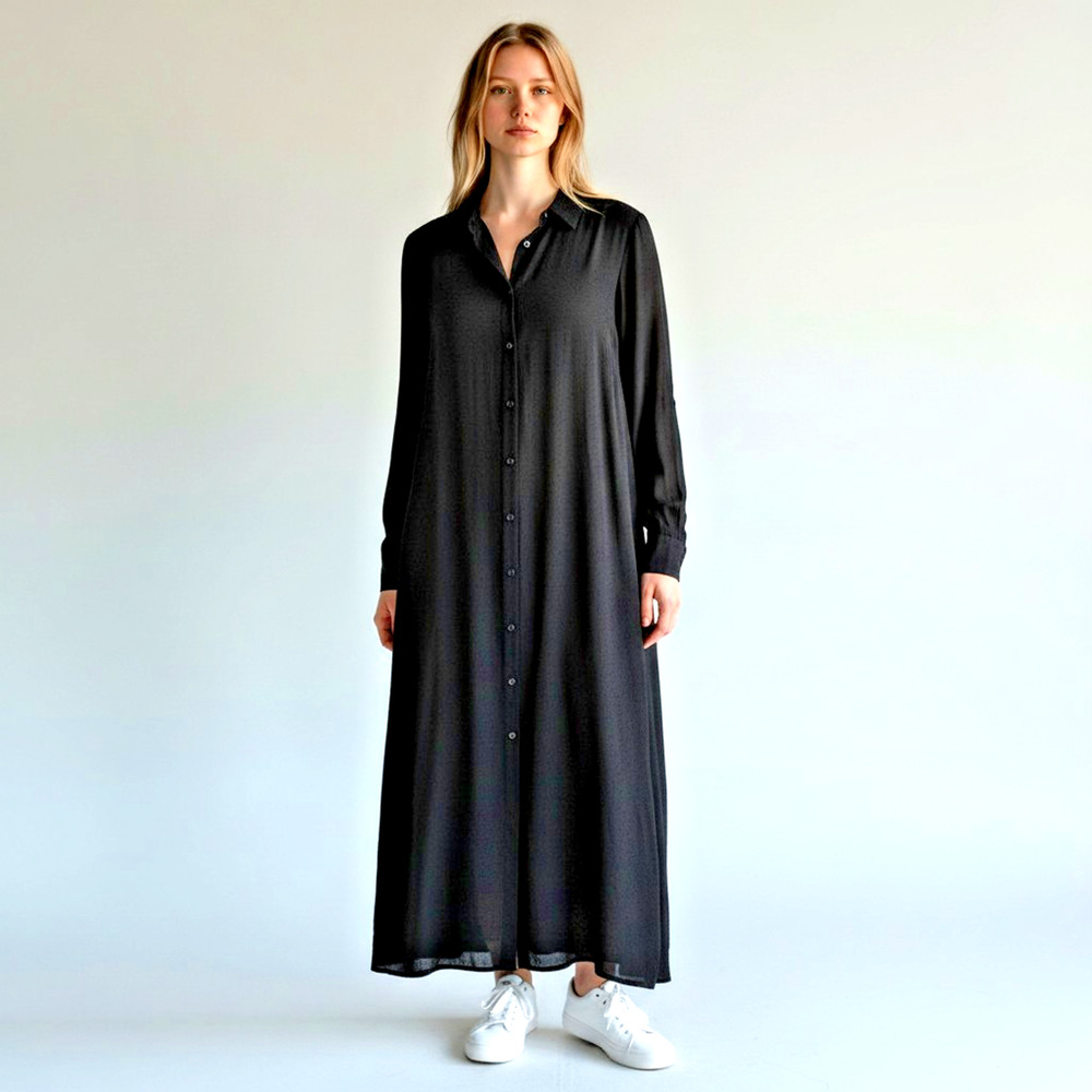 NWT Soya Concept Black Button Up Maxi Shirt Dress Duster Scandi Minimalist MED